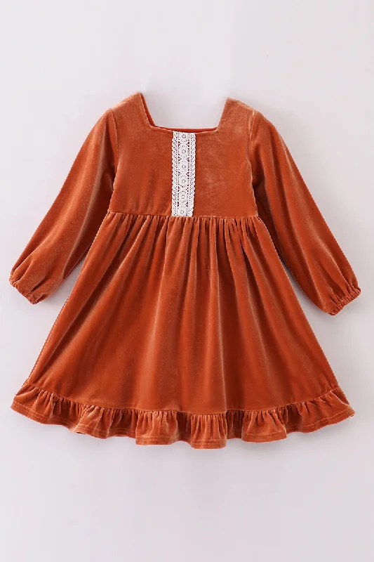 Premium Caramel velvet lace girl dress Lace Dress Elegance