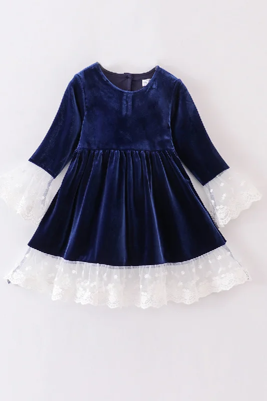 Premium Navy velvet lace dress Lace Dress Flare