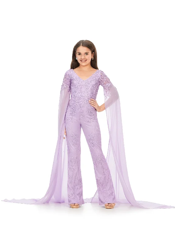 Ashley Lauren Kids 8162 Size 14 Lilac Lace Girls Jumpsuit Formal Fun Fashion V Neck Chiffon Lace Midi Dress