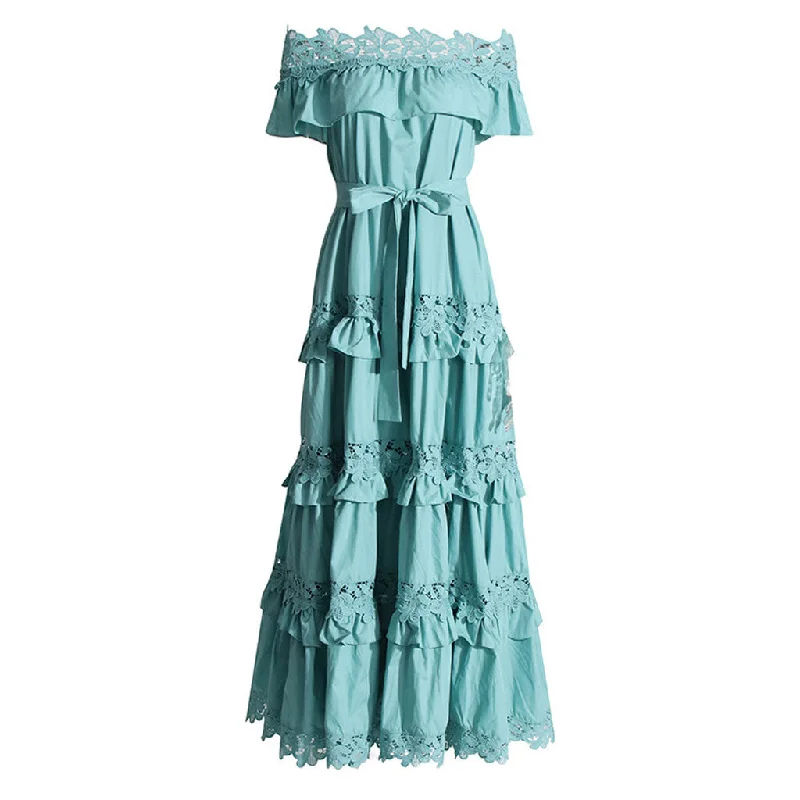 Romantic Ruffle Off Shoulder Tie Waist Guipure Lace Tiered Maxi Dress Lace Dress Party