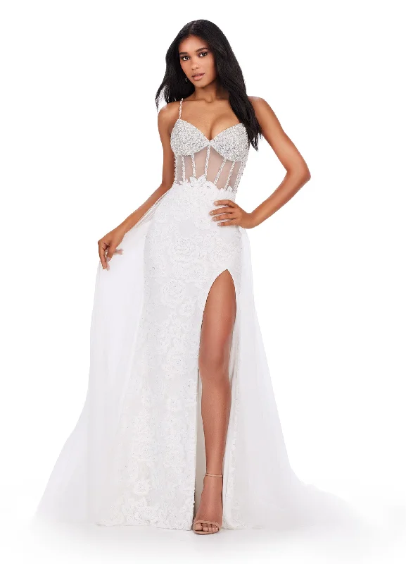 Ashley Lauren 11517 Size 8 Ivory Sheer Crystal Corset Lace Dress Overskirt slit Prom Pageant Gown Lace Dress Style