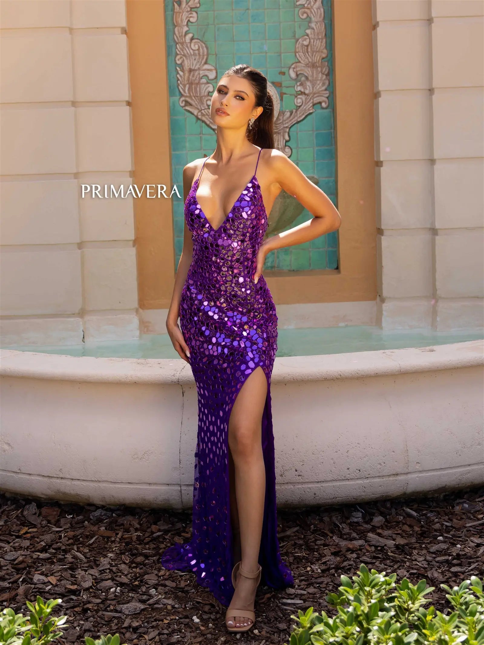 Primavera Couture 4151 Size 4 Purple Long Prom Dress Fitted Glass Cut Beads Lace Up Back V Neck Formal Pageant Gown Lace Dress Formal