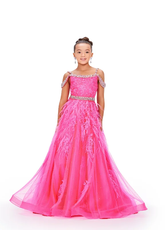 Ashley Lauren Kids 8242 Girls Lace Feather Pageant Dress off the Shoulder Ballgown Lace Dress Deep V