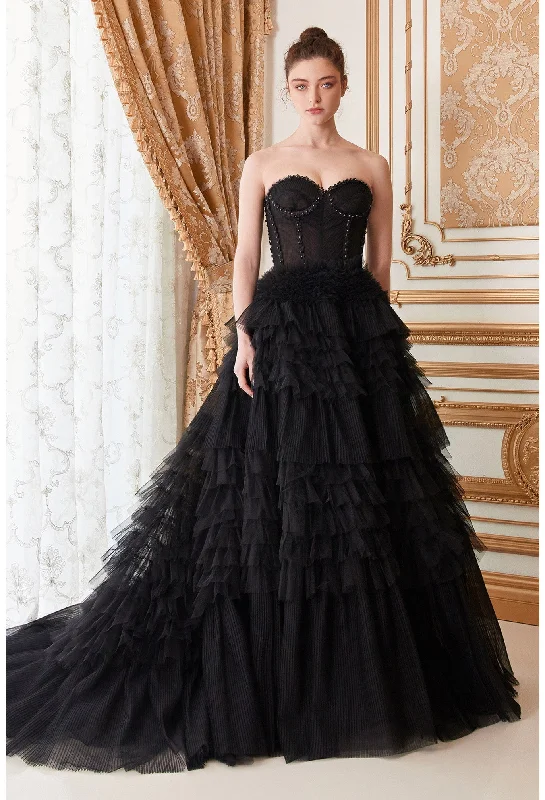 Andrea & Leo Couture A1017 Size 10 Black Luxurious Prom Dress Long Layer Pleated Ruffle Ballgown Lace Corset Formal Gown Boho Lace Dress