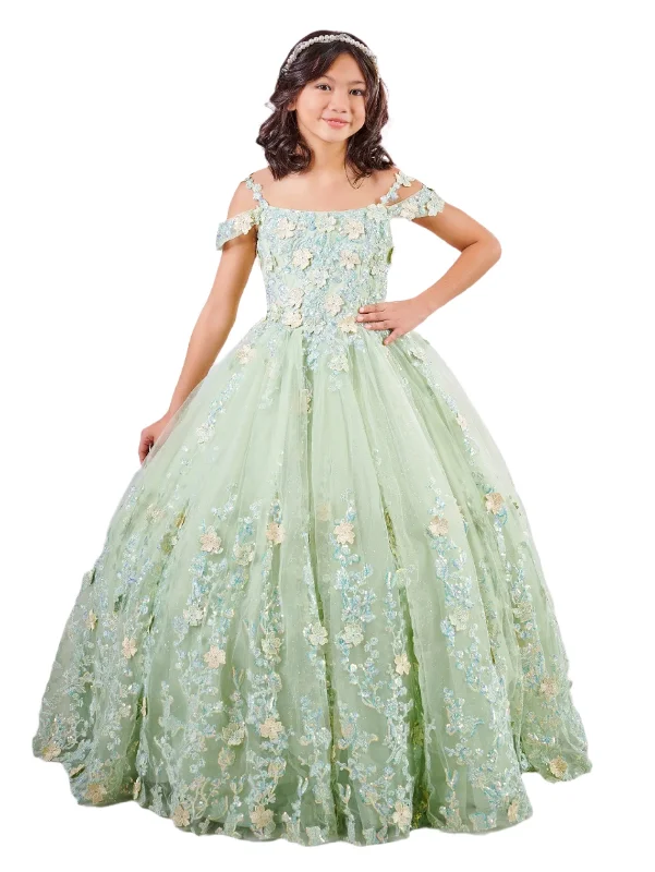 Tiffany 80002MQ Girls 3D Lace Shimmer Pageant Dress off the shoulder Mini Quince Gown Full Lace Dress