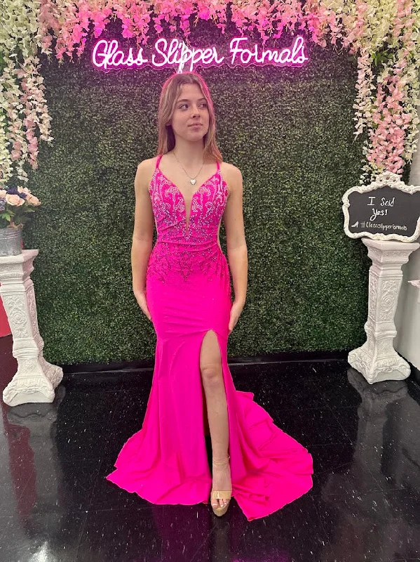 Amarra 20019 Size 2, 10 Bright Pink Prom Dress Embellished fitted jersey with a plunging V neckline bodice, lace up back, and a slit skirt. Lace Dress Glam