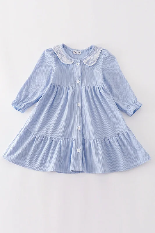 Blue corduroy lace ruffle girl dress Off-the-shoulder Lace