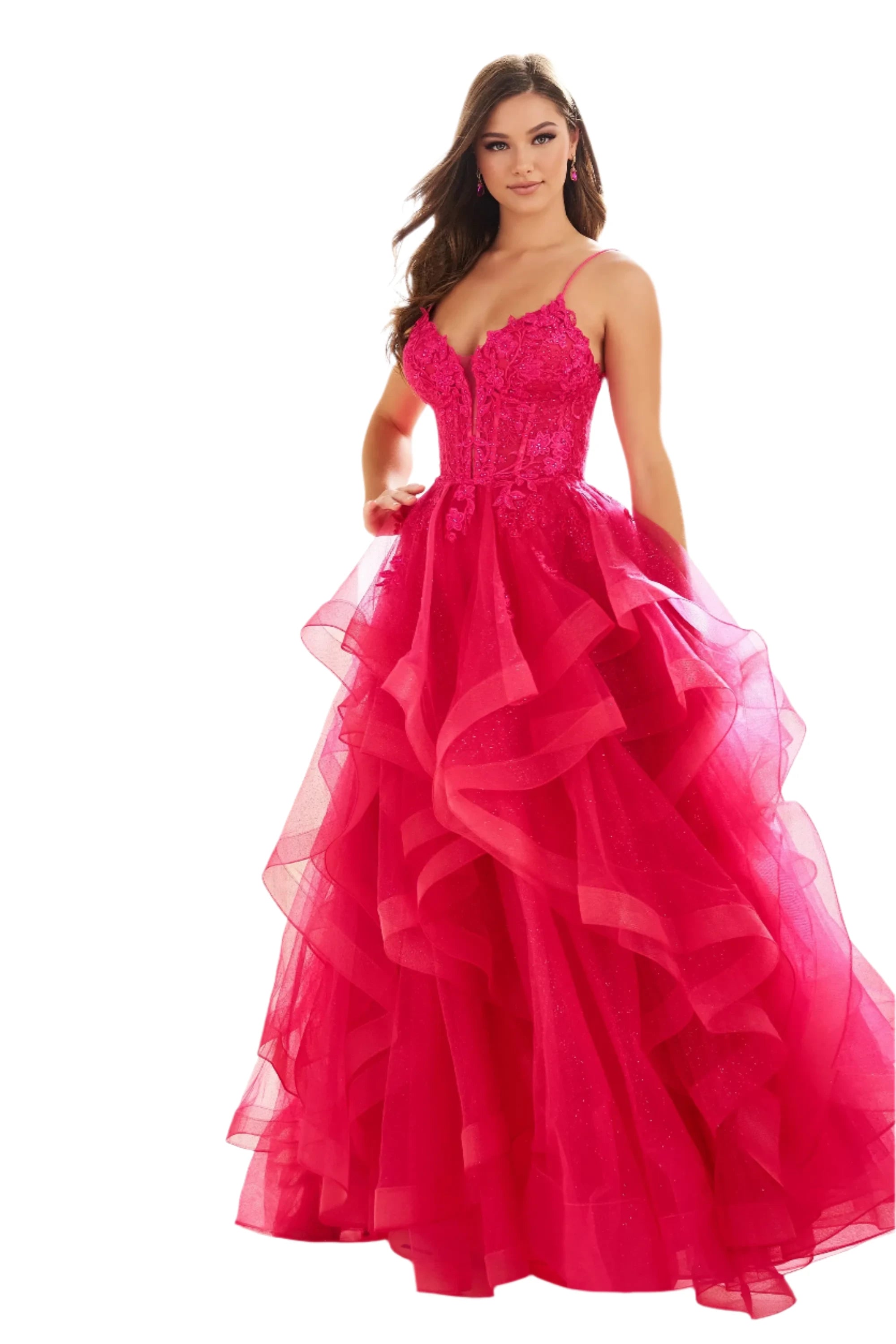 Ellie Wilde EW36203 Size 0 Fuchsia Ruffle A Line Sheer Lace Corset Prom Dress Formal evening Gown Shimmer Lace Dress Glamorous