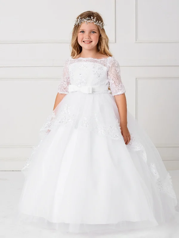 Tip Top Kids 5773 Girls Size 6,10,14 Lace Off the Shoulder Flower Girl Communion corset Flower Girl Dress Ruffled Lace Dress