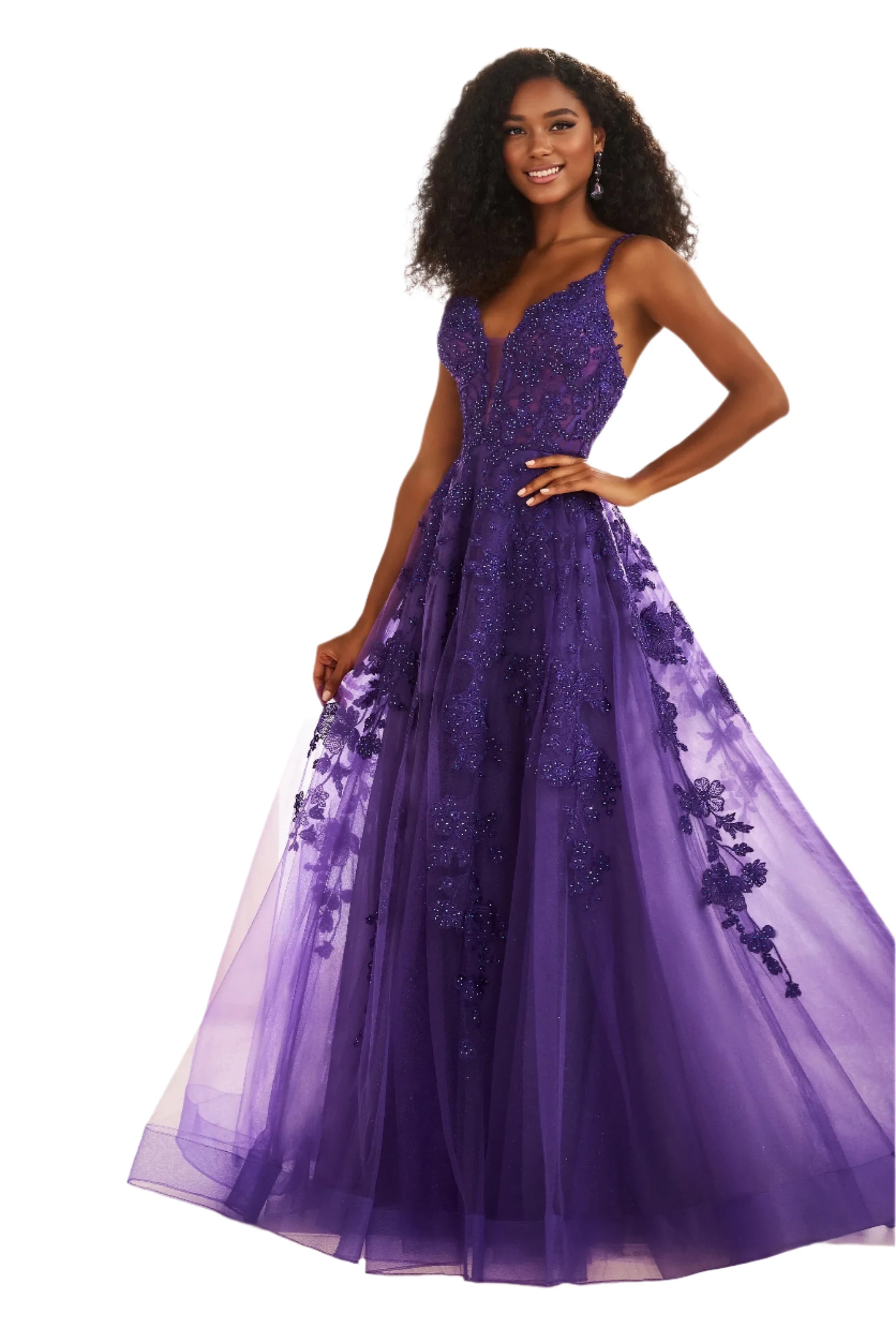 Ellie Wilde EW36015 Size 2 Purple Long sheer lace A Line Prom Dress Shimmer Pageant Gown Formal Ballgown Satin Lace Dress