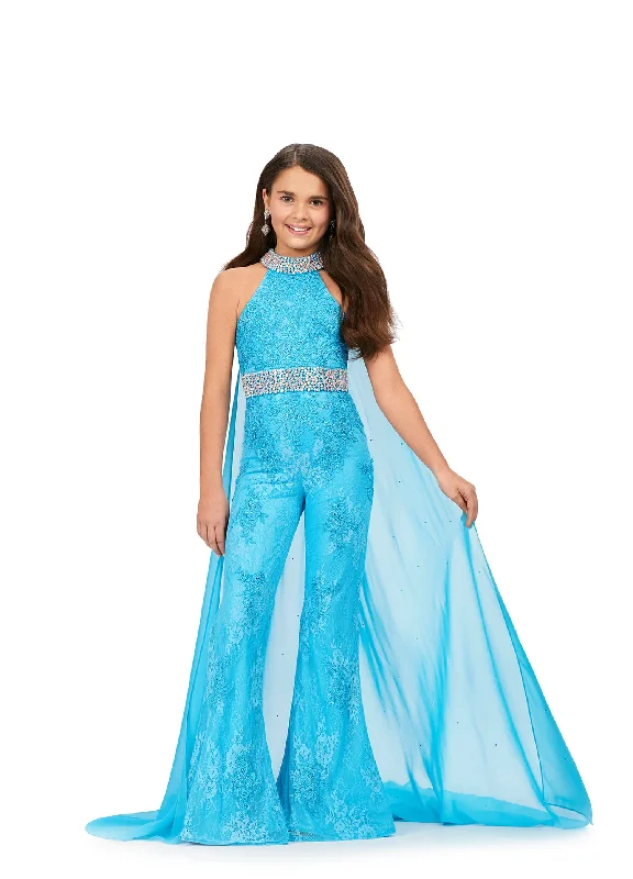 Ashley Lauren Kids 8225 Size 8 Blue Girls Lace Crystal Jumpsuit Cape Bell Bottom Pageant Fun Fashion Wear Bohemian Lace Dress