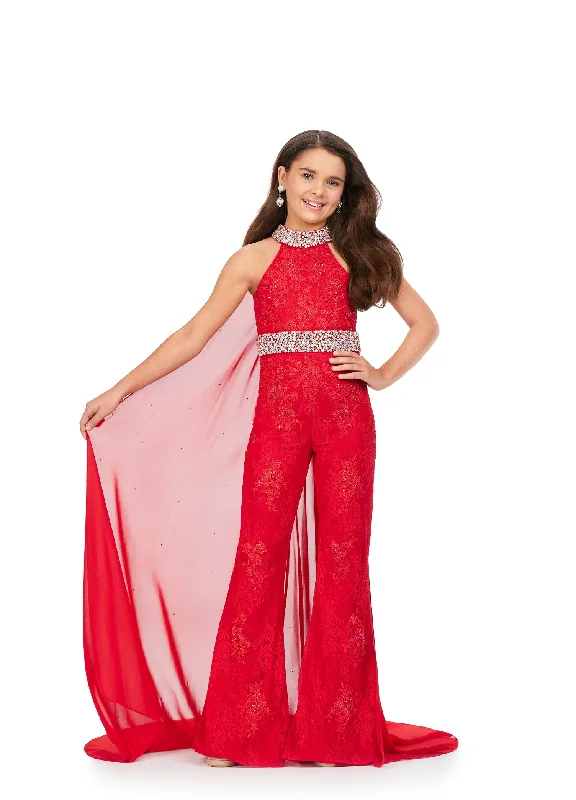 Ashley Lauren Kids 8225 Size 10 Red Girls Lace Crystal Jumpsuit Cape Bell Bottom Pageant Fun Fashion Wear Lace Dress Classic