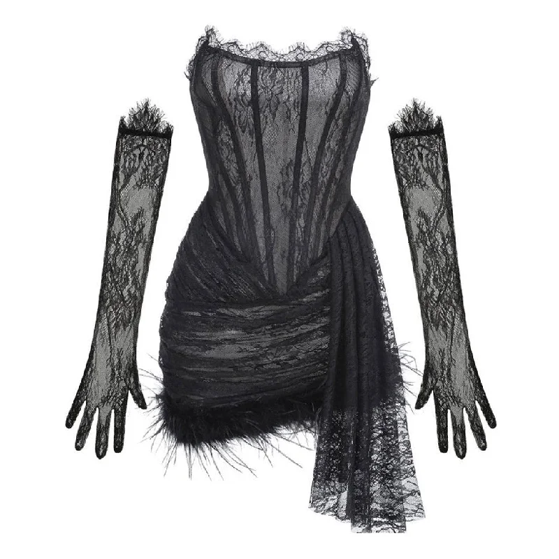 Romantic Lace Strapless Corset Drop Waist Draped Faux Feather Trim Mini Dress Lace Gown Glam