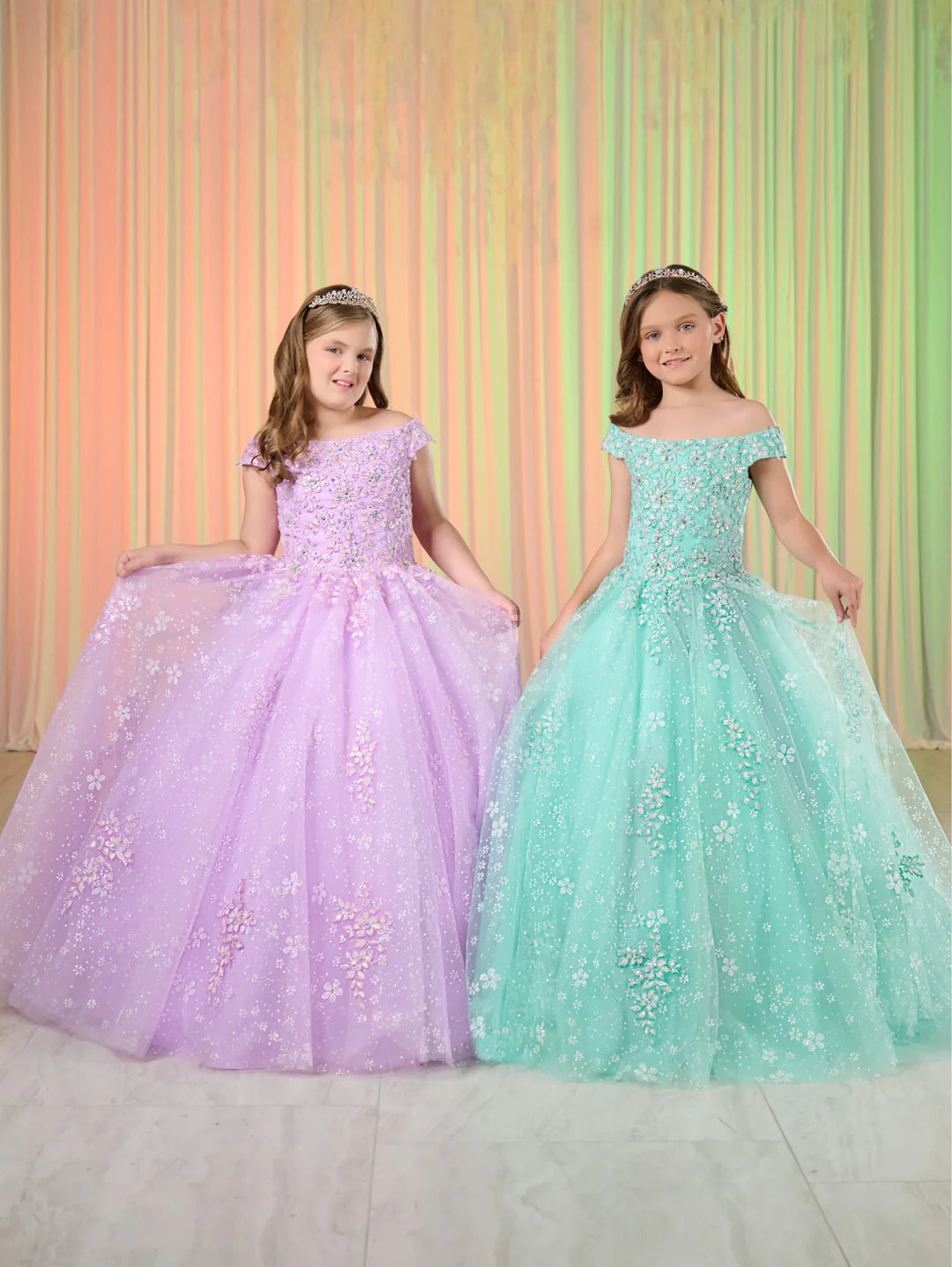 Tiffany Princess 13768 Girls Shimmer Lace Pageant Dress off the Shoulder Corset Formal Gown Elegant Lace Design