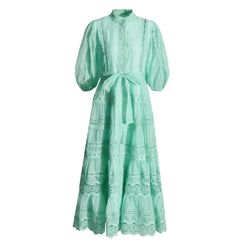 Victorian Mock Neck Blouson Sleeve Belted Guipure Lace Tiered Maxi Dress Lace Dress Day