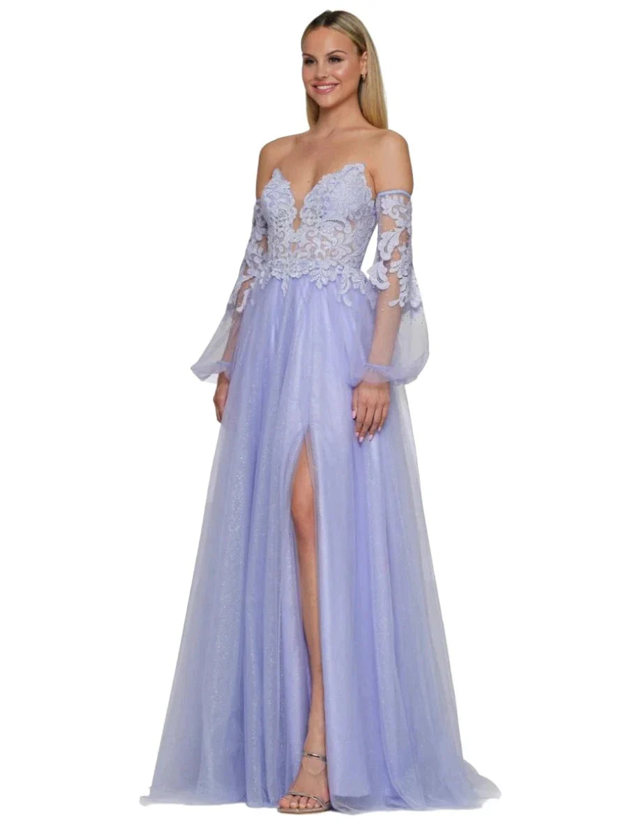 Colors 2337 Size 0,6 Lilac Prom Dress Sheer Lace A Line Long Sleeve Shimmer Slit Corset Formal Gown Simple Lace Dress