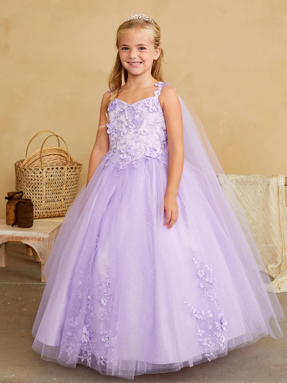 Tip Top 7040 Long Glitter Lace Girls Pageant Dress Formal Flower Girl Gown Detachable Cape Lace Dress Set