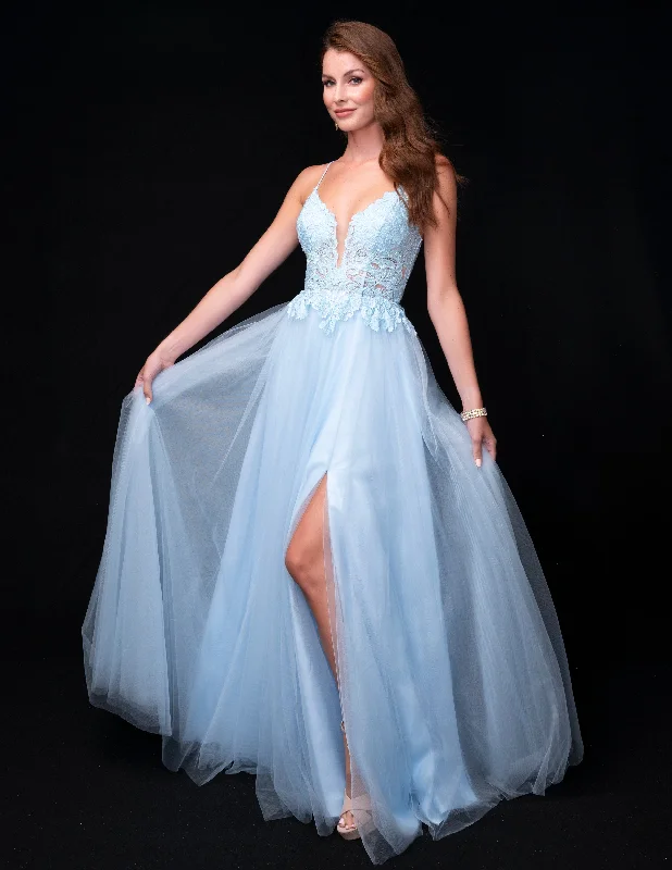 Nina Canacci 4421 Size 4, 14 Baby Blue Sheer Lace A Line Prom Dress Maxi Slit Corset Formal Ball Gown Lace Dress Trend