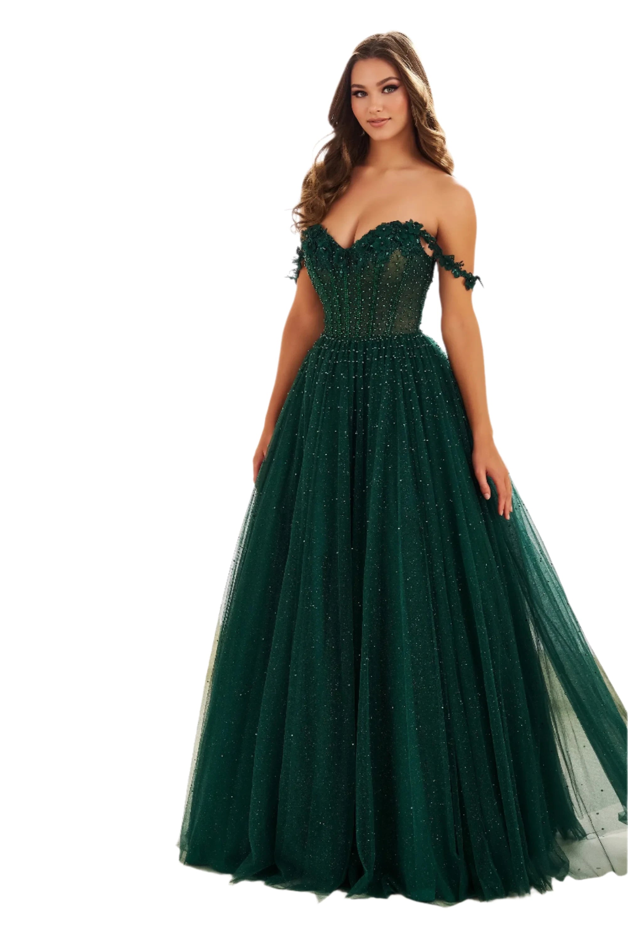 Ellie Wilde EW36071 Size 00 Emerald Long A Line Sheer lace Corset Prom Dress off the shoulder Formal ball Gown Lace Bridesmaid Gown