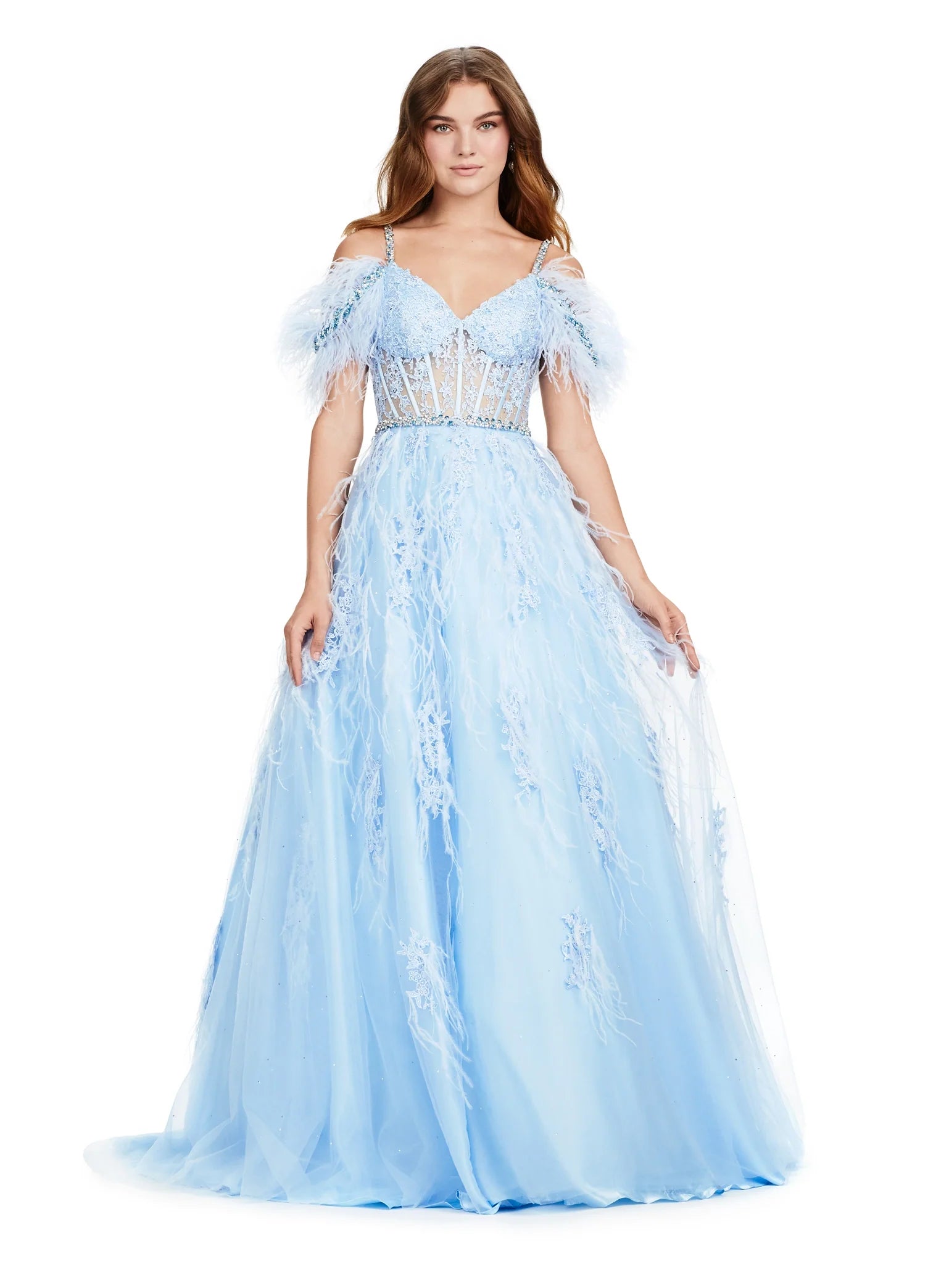 Ashley Lauren 11447 Size 12 SKY Long Prom Off Shoulder Feather Ball Gown Prom Dress Lace Corset Formal Lace Dress Bohemian