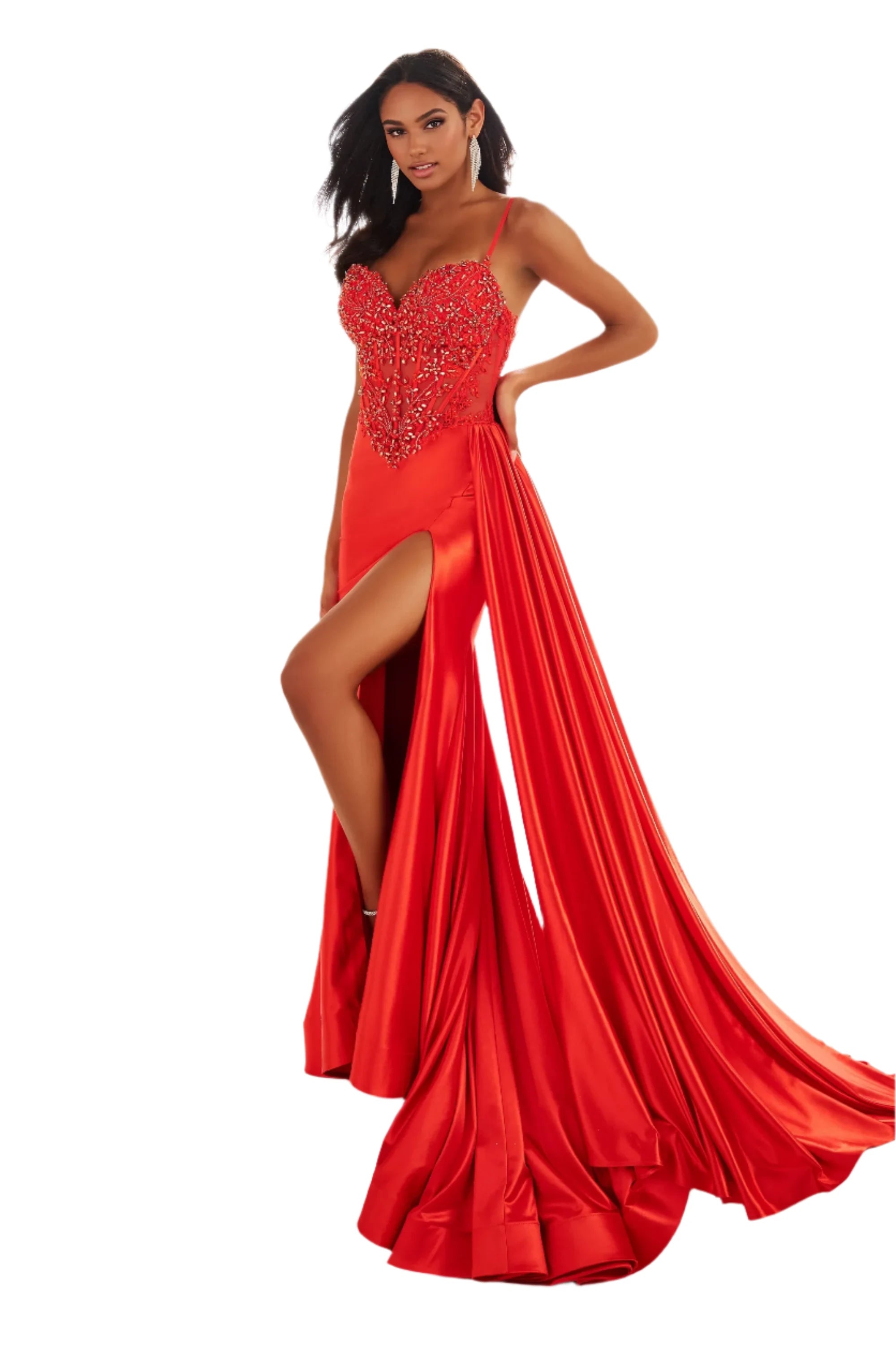 Ellie Wilde EW36064 Size 2 Red Long Sheer Lace Corset Prom Dress Overskirt Slit Pageant Formal Evening Gown Lace Dress Glow