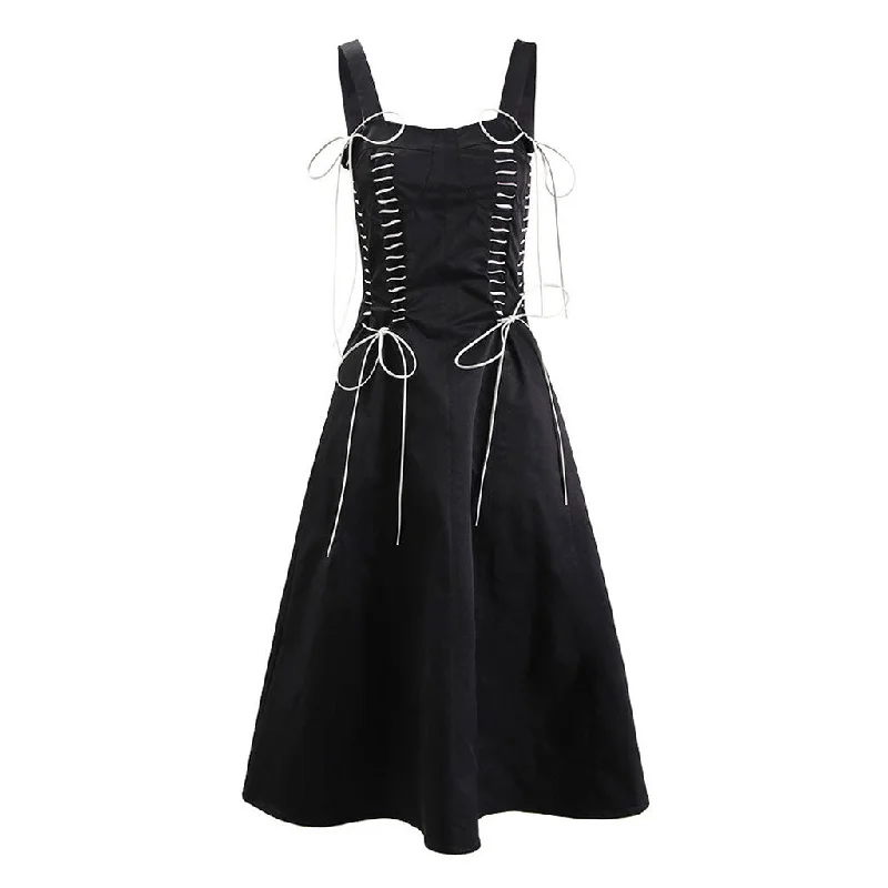 Vintage Contrast Stitch Lace Up Bow Tie Bustier A Line Midi Sundress Lace Dress Accent