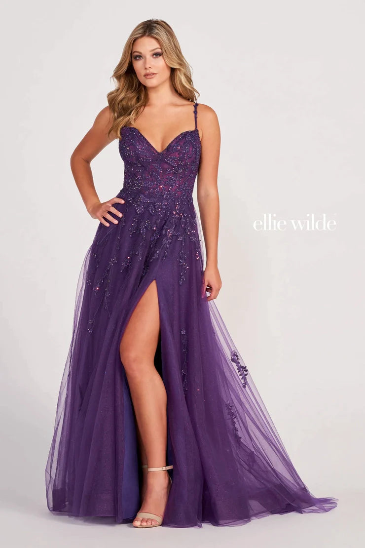 Ellie Wilde EW34116 Size 24 Purple Sheer Lace Shimmer A line Prom Dress Maxi Slit Formal Gown Tiered Lace Dress