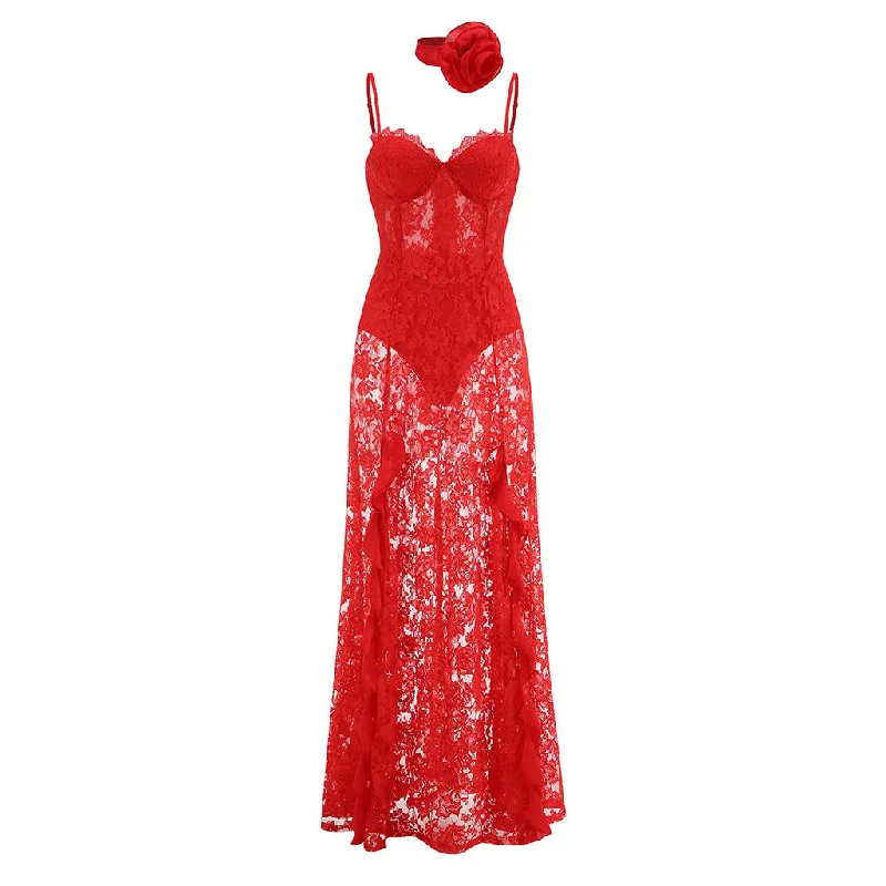 Romantic Rosette Scarf Eyelash Bustier Ruffle Sheer Lace Slip Maxi Dress Sheer Lace Dress