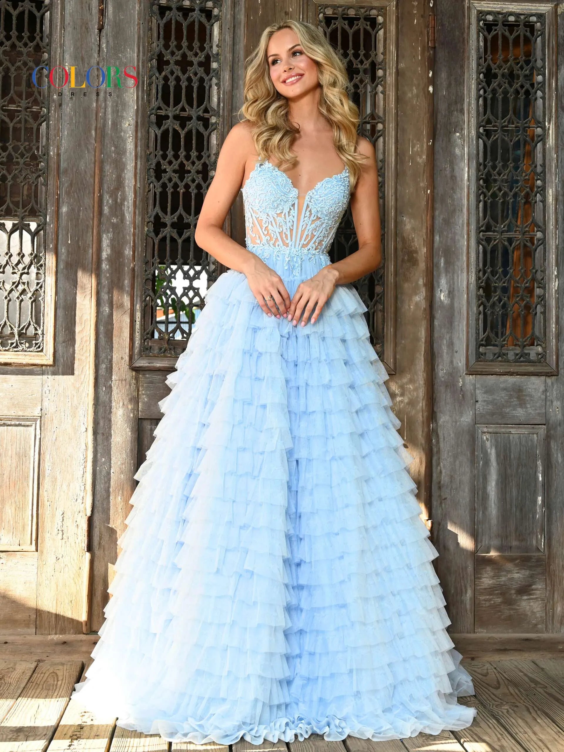 Colors Dress 3219 Size 10 Blue Long Sheer Lace Corset Ball Gown Prom Dress Corset Ruffle Layer Formal Gown Casual Lace Dress