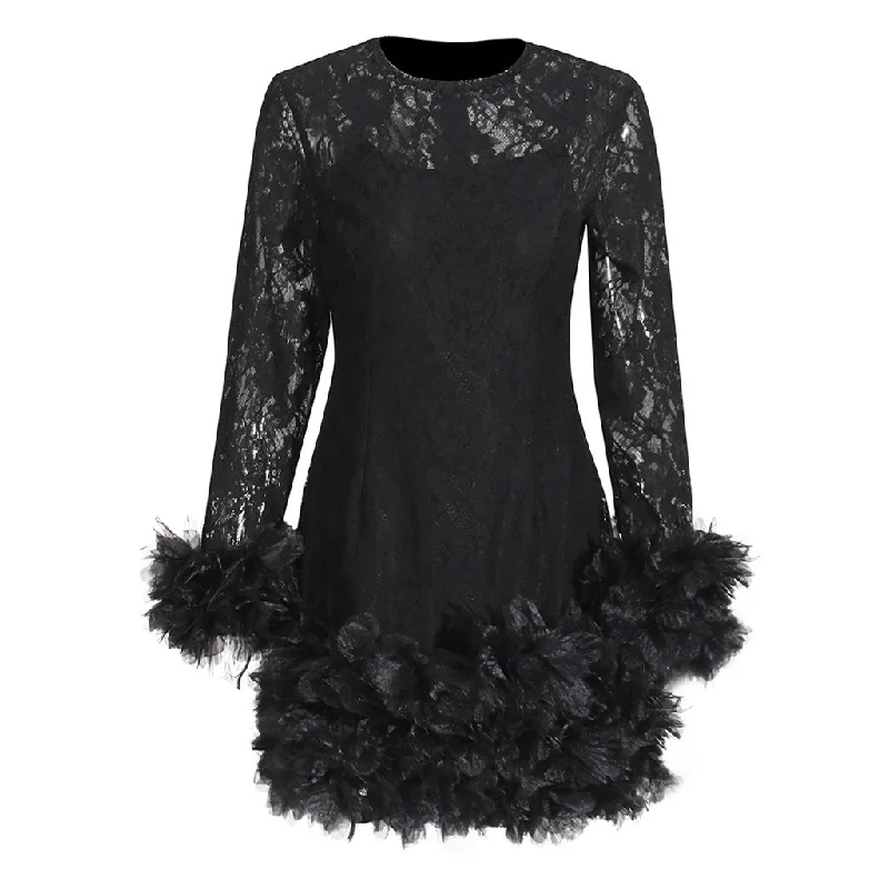 Romantic Crew Neck Layered Petal Trim Long Sleeve Sheer Lace Mini Dress Lace Dress Glamour