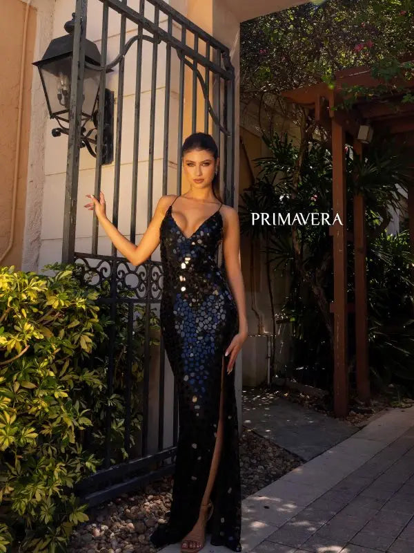 Primavera Couture 4151 Size 10 Black Long Prom Dress Fitted Glass Cut Beads Lace Up Back V Neck Formal Pageant Gown Lace Dress Look