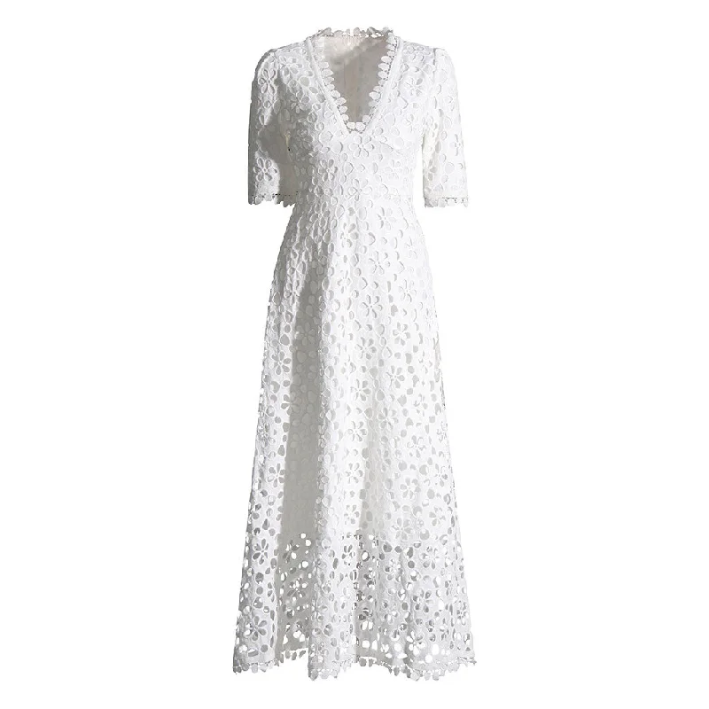 Feminine Lace Trim V Neck Half Sleeve Broderie Anglaise Fit and Flare Maxi Dress Modern Lace Dress