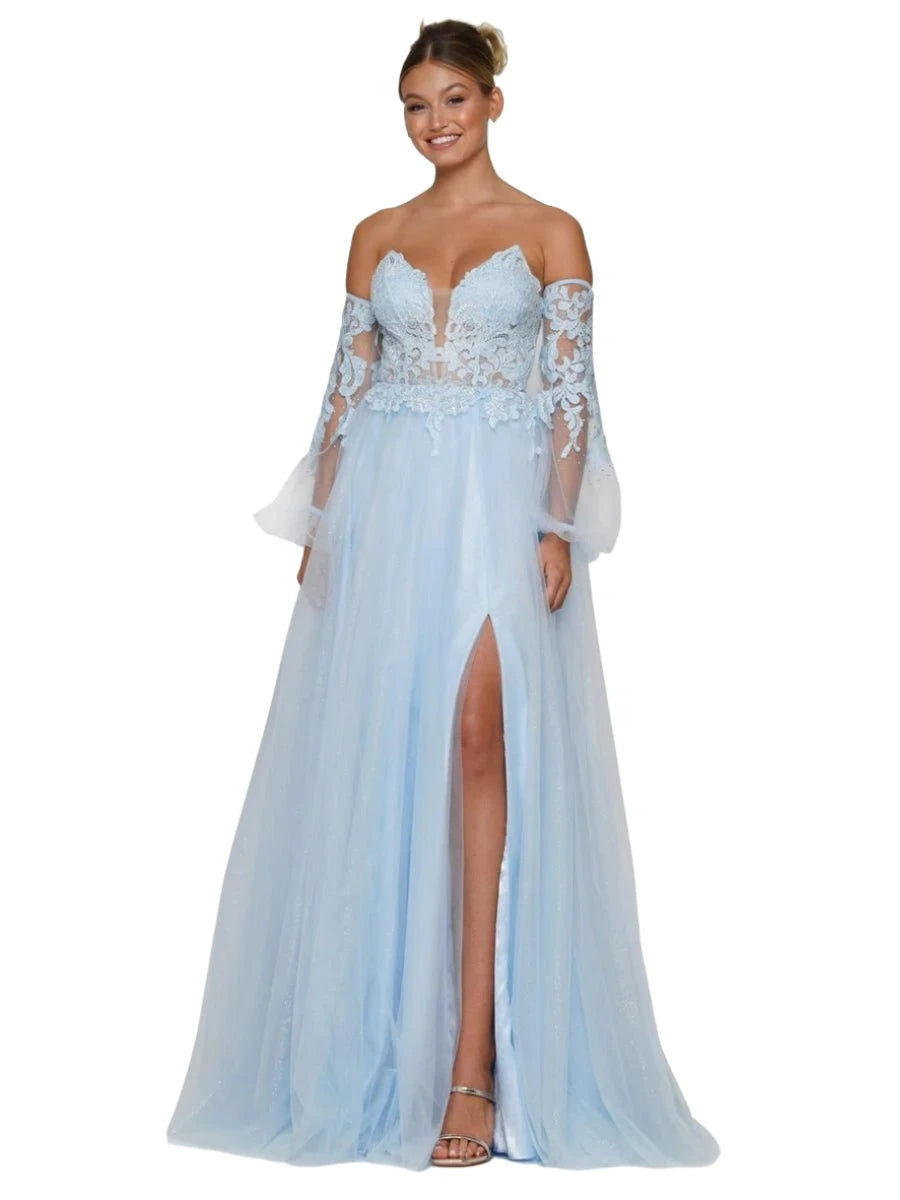 Colors 2337 Size 4,8 Light Blue Prom Dress Sheer Lace A Line Long Sleeve Shimmer Slit Corset Formal Gown Lace Dress Chic