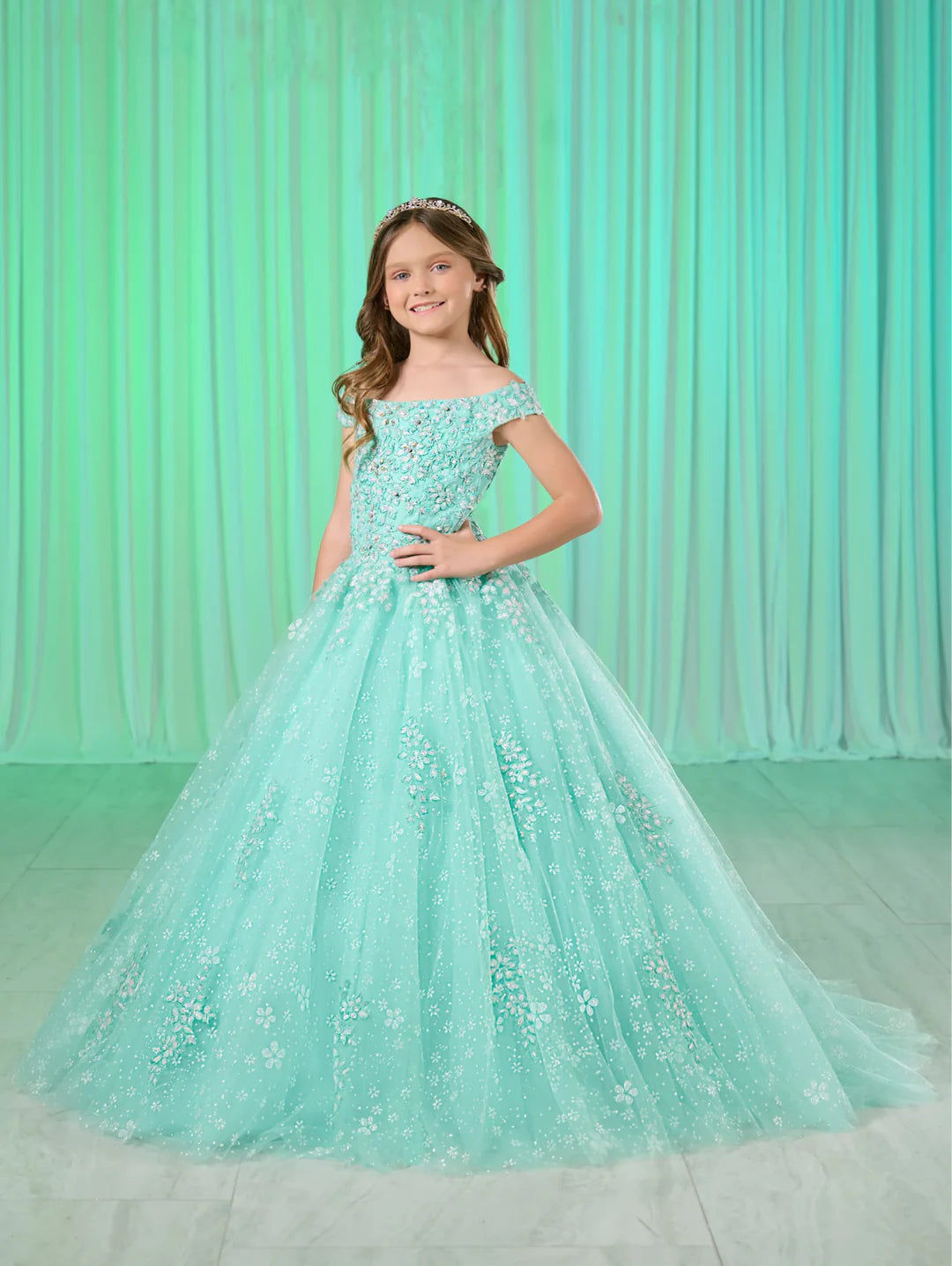 Tiffany Princess 13768 Size 4 Aqua Girls Shimmer Lace Pageant Dress off the Shoulder Corset Formal Gown Lace Evening Gown