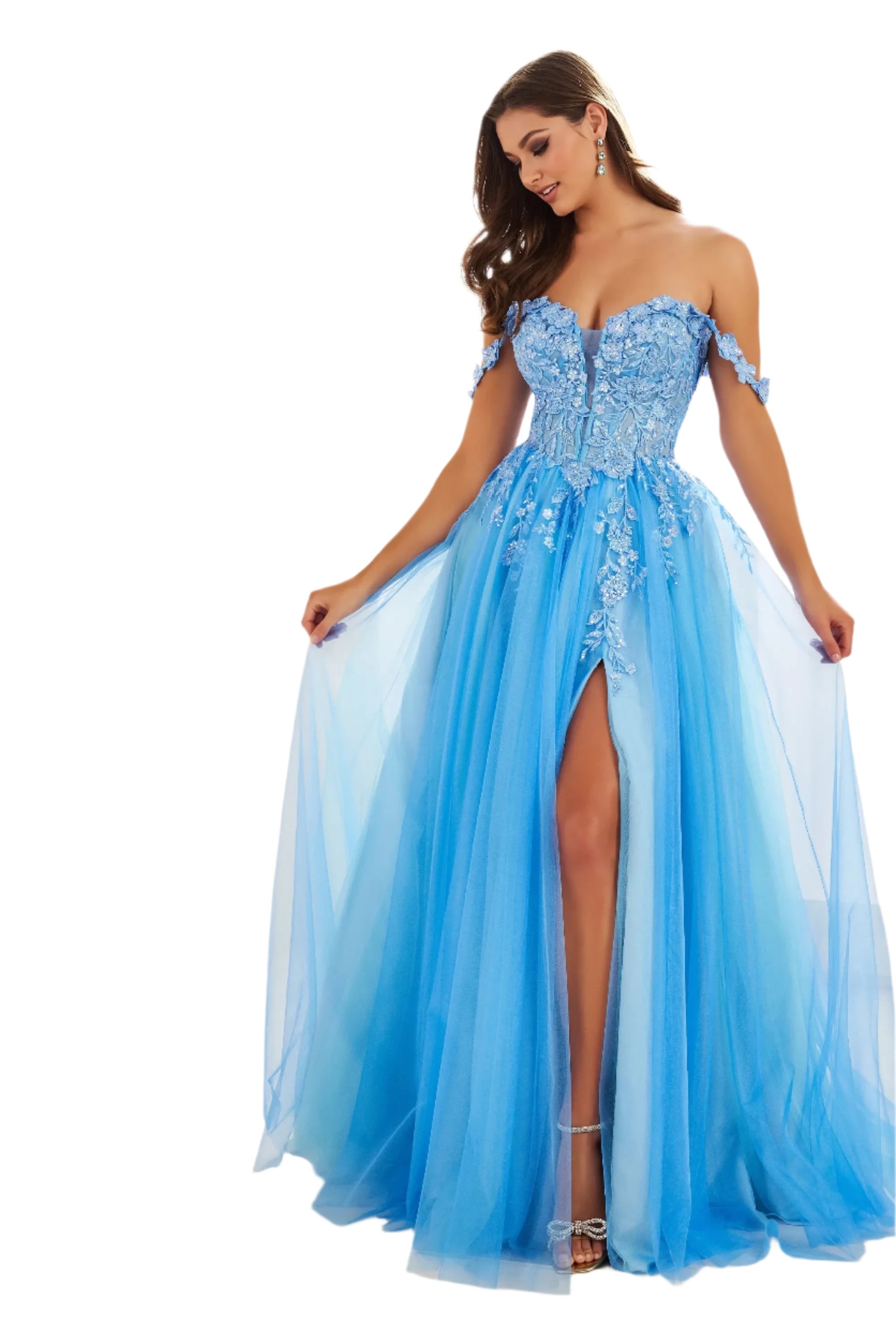 Ellie Wilde EW36214 Size 0,10 Blue Long Maxi Slit Prom Dress Sheer Laced Corset off the shoulder Formal Gown Lace Dress Perfect