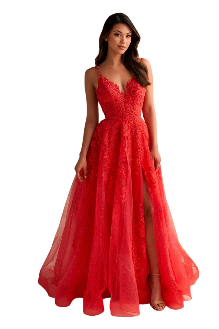 Ellie Wilde EW36226 Size 8 Strawberry Long Shimmer Sheer Lace A Line Slit Prom Dress Formal V Neck Gown Lace Mini Dress