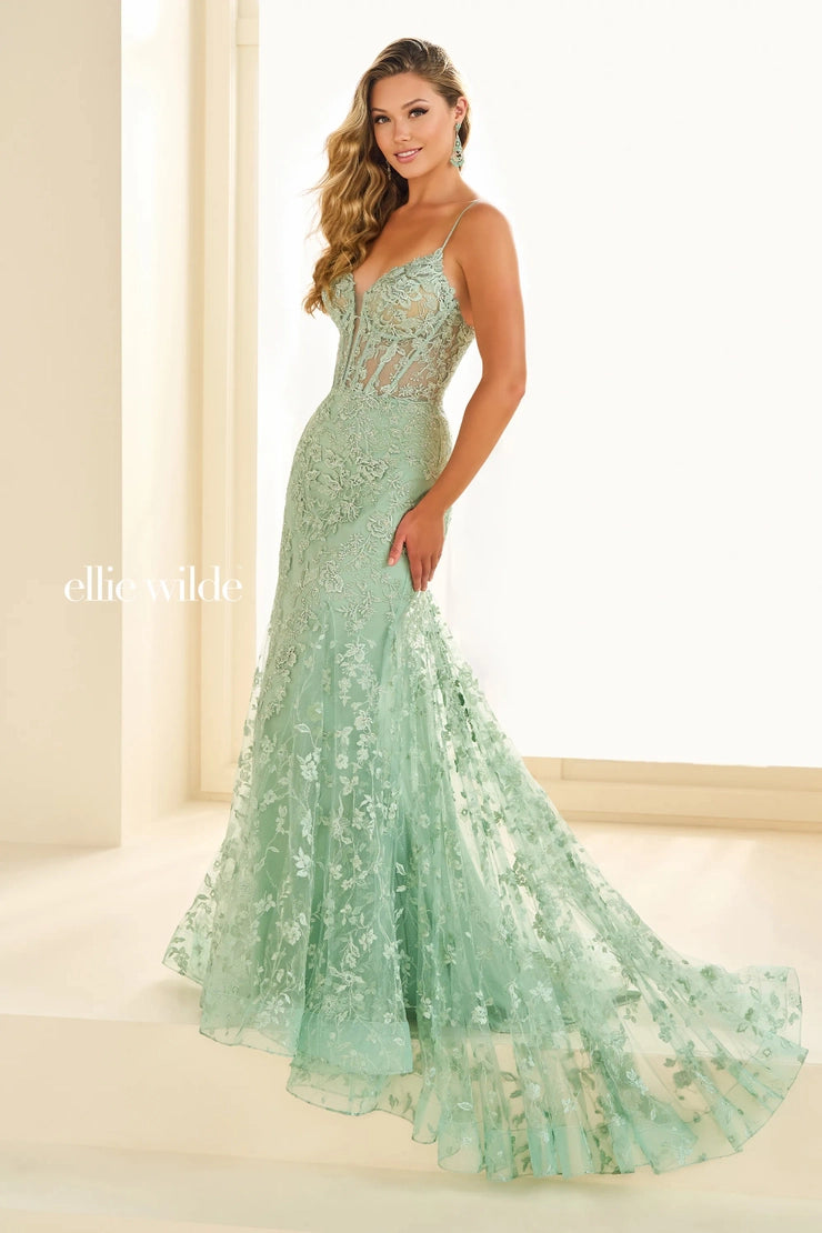 Ellie Wilde EW36008 Size 0 Sage Long Lace Mermaid Corset Prom Dress Formal Evening Gown V Neck Train Lace Dress Summer