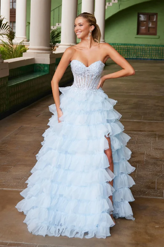 Nox Anabel R1688 Size 2, 14 Light Blue Lace Corset Ruffle A Line Prom Dress Maxi Slit Layered ballgown Formal Strapless Light Lace Dress