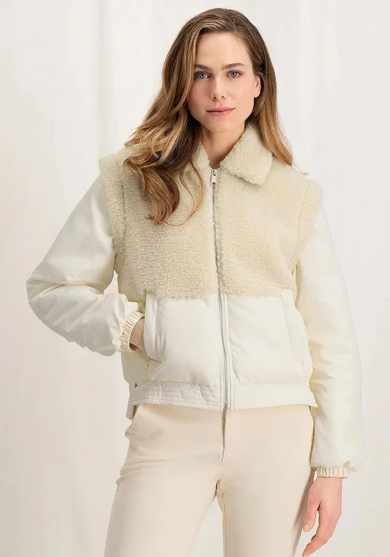 YAYA Sherpa Nylon Mix Bomber Jacket, Bone White Women's minimalist jackets