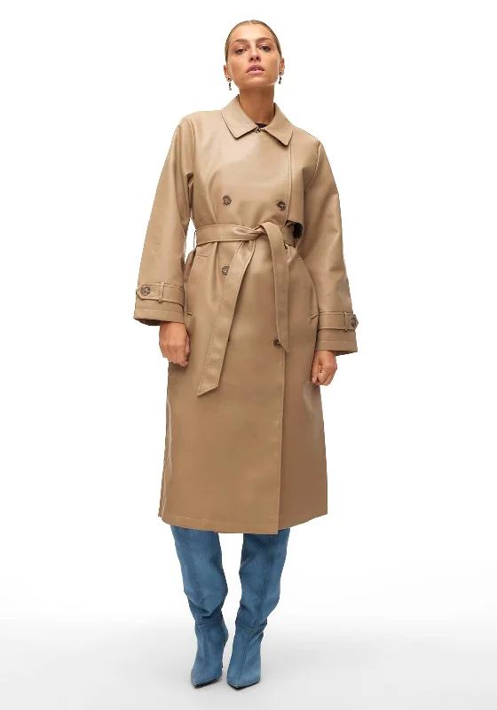 Vero Moda Amalie Long Coated Faux Leather Trench Coat, Silver Mink Women's discounted jackets