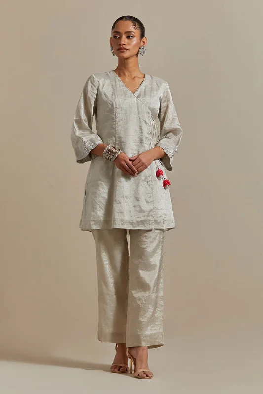 Silver Embroidered Zari Silk Wrap Kurta & Pant Set (Set Of 2)