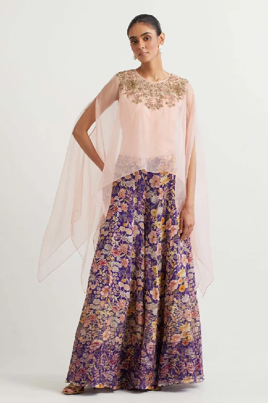 Peach Embroidered Cape & Purple Printed Skirt Set