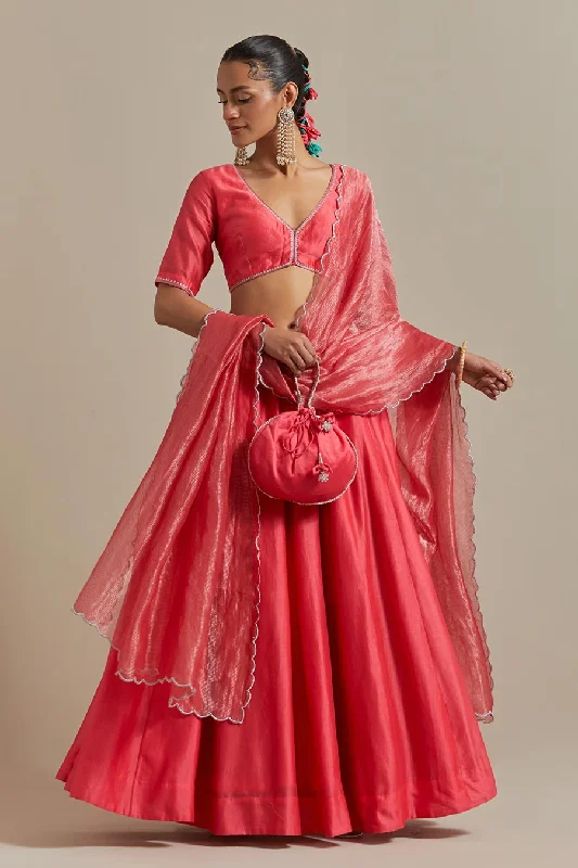 Pink Embroidered Panelled Lehenga Set (Set Of 3)