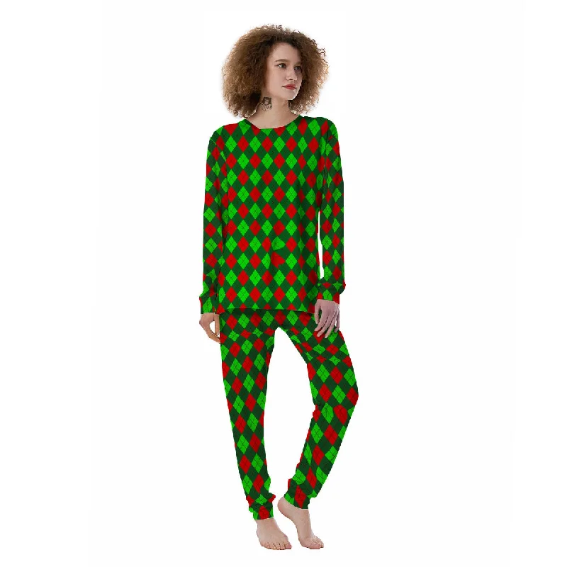 Argyle Green And Red Print Pattern Women's Pajamas Cheap pajama sets