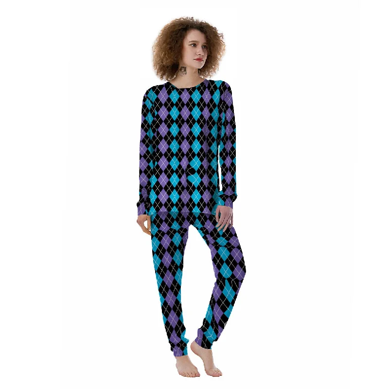 Black Purple And Blue Argyle Print Pattern Women's Pajamas Matching couple pajama sets