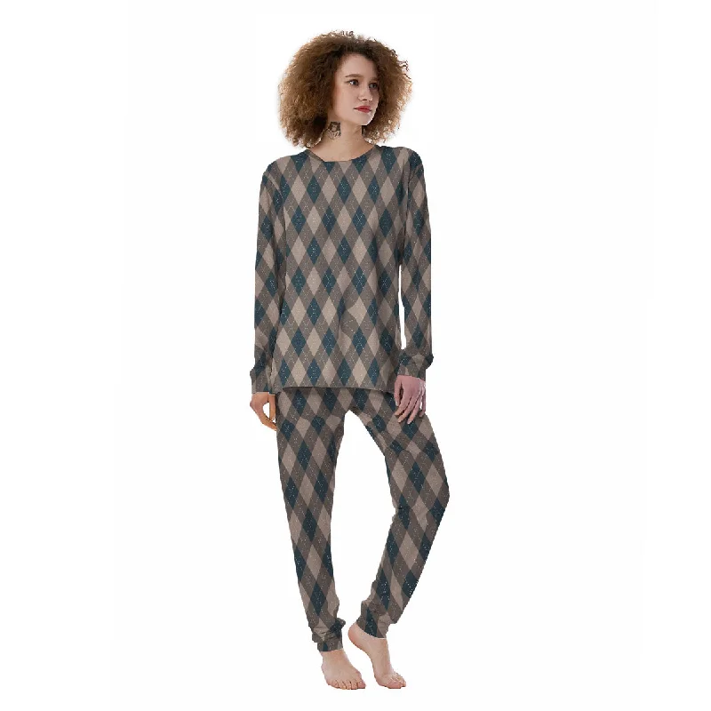 Blue Spruce And Beige Argyle Print Pattern Women's Pajamas High-end pajama sets