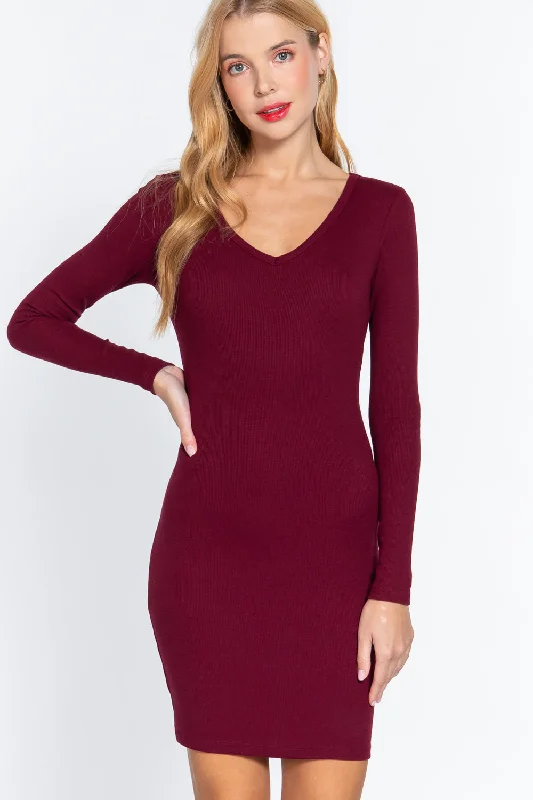 Long Slv V-neck Mini Rib Dress Spring sweaters