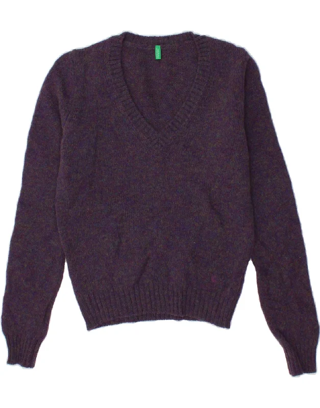 BENETTON Womens V-Neck Jumper Sweater UK 12 Medium Purple Flecked Wool Discounted sweaters