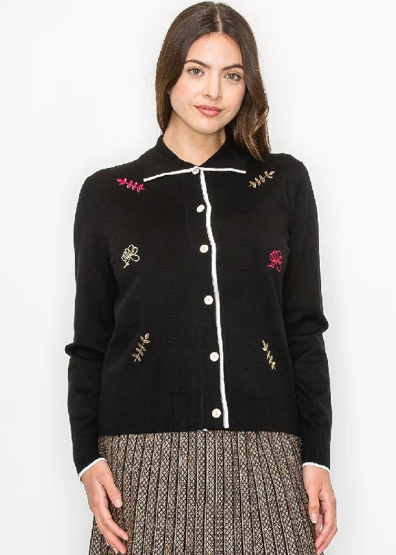 Black Buttoned Cardigan with Floral Accents Outdoor sweaters