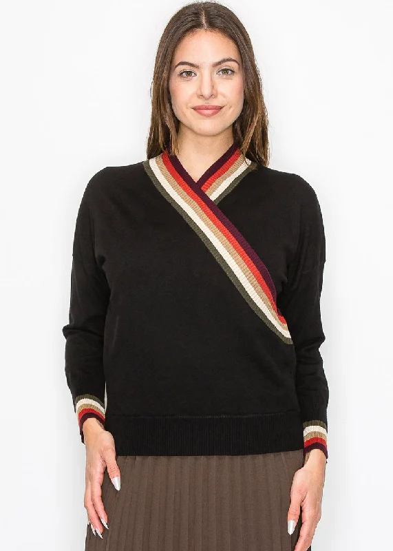 Black Sweater with Colorful V-Neck Detail Cheap sweaters